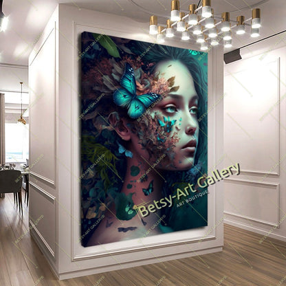 Jungle Woman Butterfly Canvas Print, Fantasy Exotic Decor
