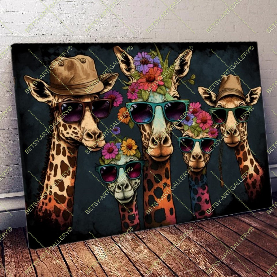 Floral Family Giraffes Canvas - Graffiti Style Animal Wall Print