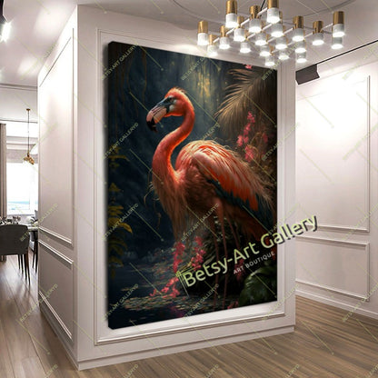 Jungle Pink Flamingo Canvas Print, Tropical Bird Wall Art
