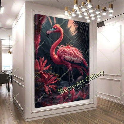Jungle Pink Flamingo Canvas Print, Tropical Bird Wall Art