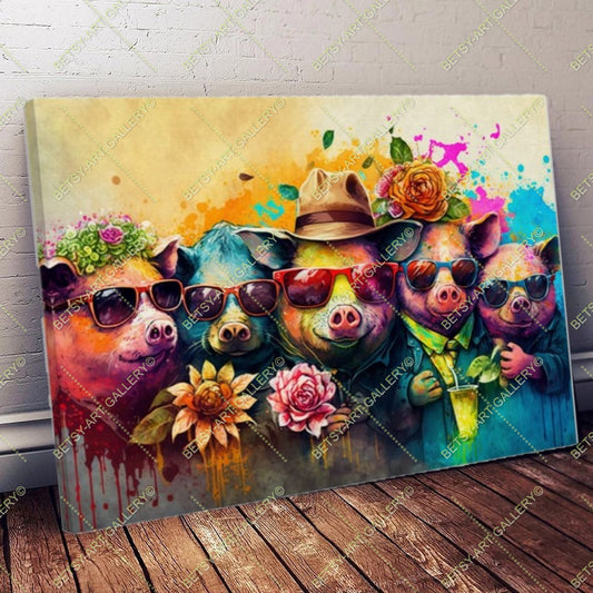Colorful Funny Family Pigs Canvas - Bright Animal Wall Art Print