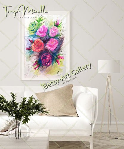 Original Watercolor Painting Garden Roses Wall Art, No Frame abstract expressionism art print birthday gift blooming garden art botanical print colorful painting floral art floral painting garden painting gift for mom mediterranean art modern art modern wall art nature painting olive garder art paper painting small painting wall art home decor watercolor floral watercolor flowers watercolor landscape watercolor painting