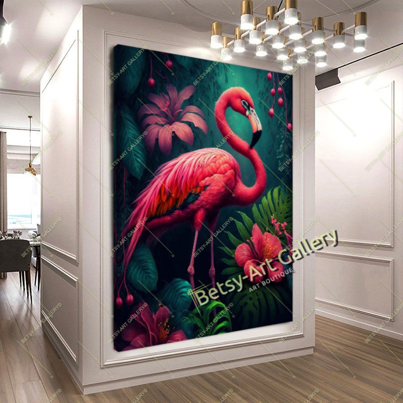 Jungle Pink Flamingo Canvas Print, Tropical Bird Wall Art