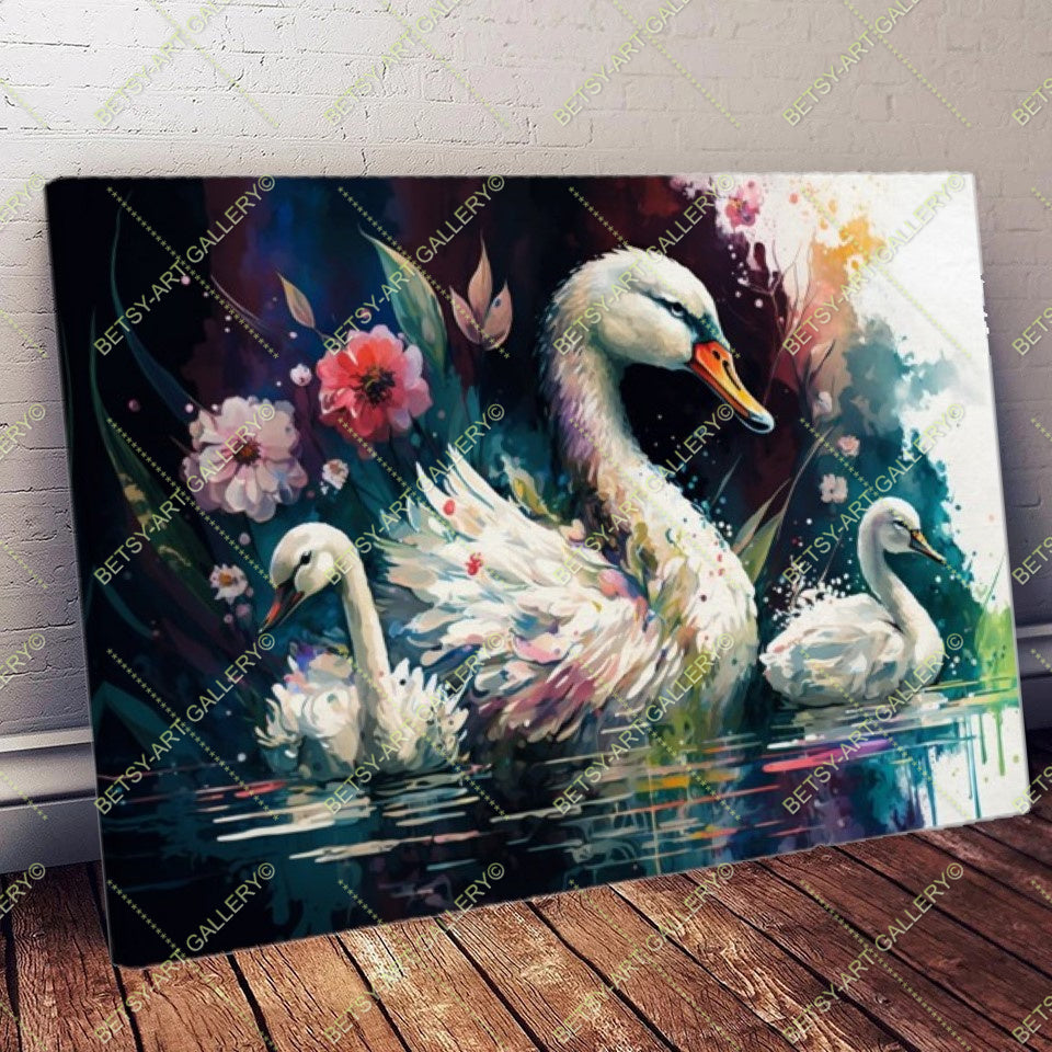 Colorful Floral Family Swans - Bright Animal Wall Art Print