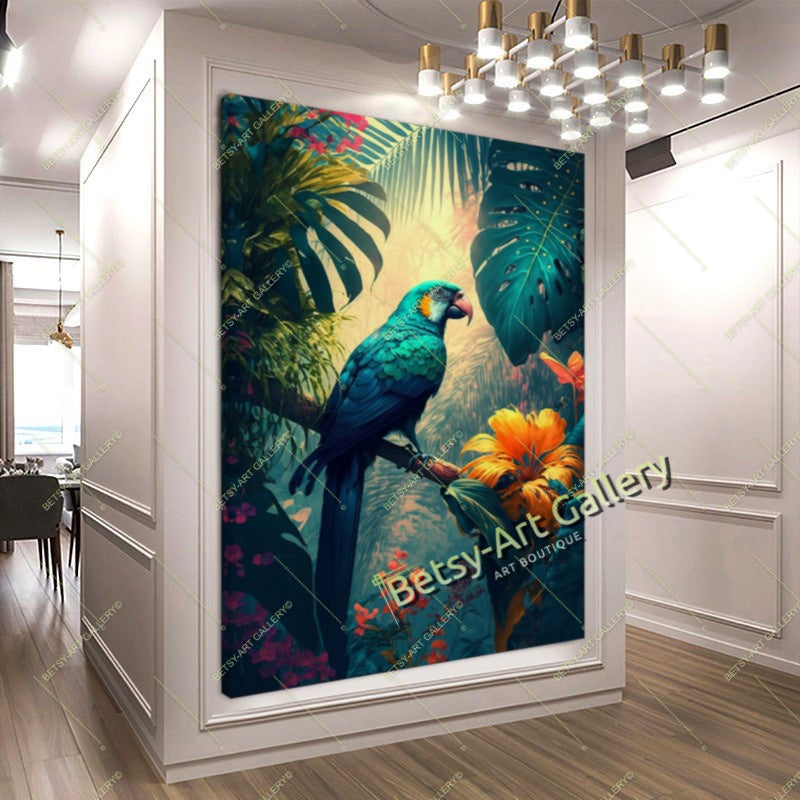 Jungle Exotic Birds Canvas Print, Tropical Parrots Wall Art – Large – Oil on Canvas – {{ product.title }} canvas artwork by Tanya Mirelle – modern wall decor – original artwork for home, living room, office, or gallery – original artwork by Tanya Mirelle Art Gallery