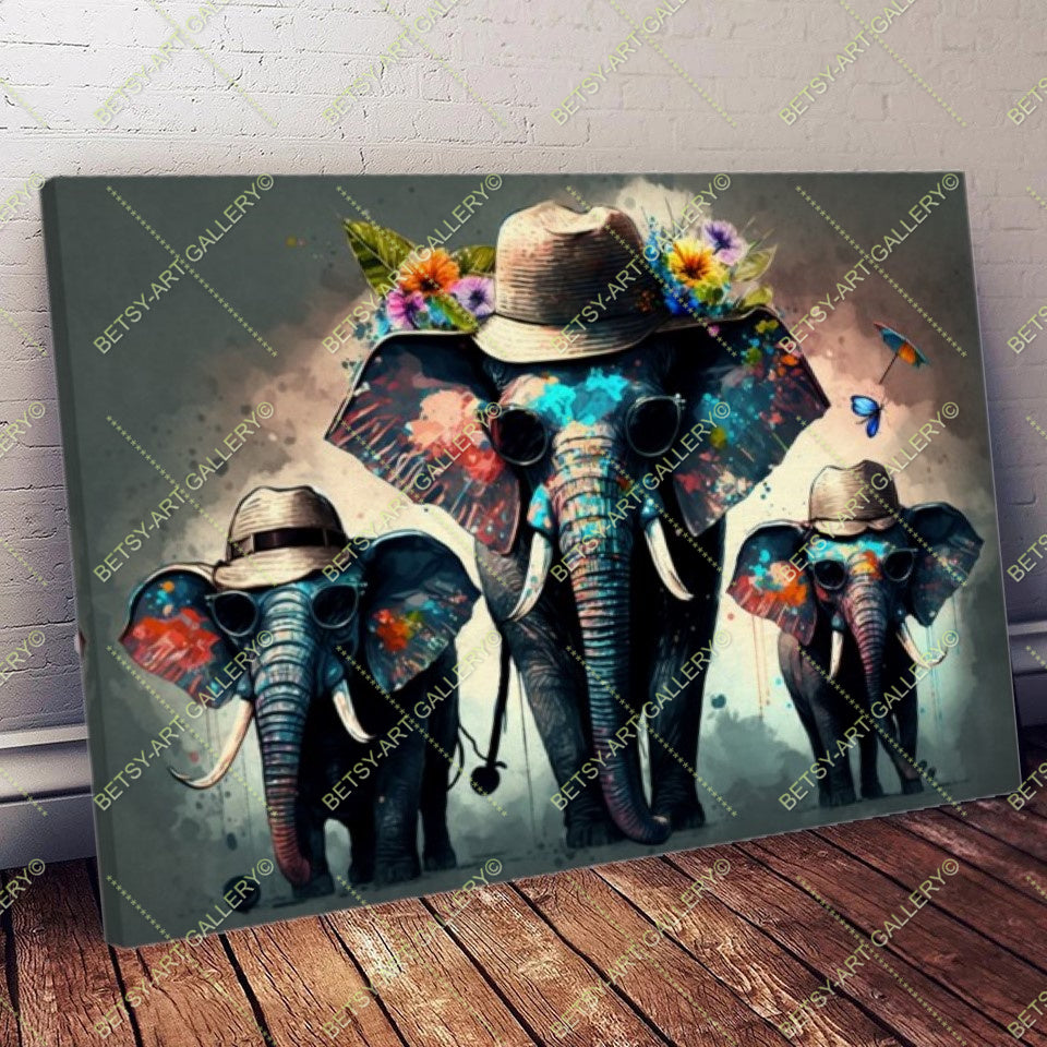 Floral Family Elephants Giraffes Canvas - Color Splash Animal Print