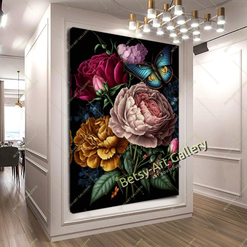Cozy Floral Nature Canvas Print, Bee and Butterfly Wall Ar