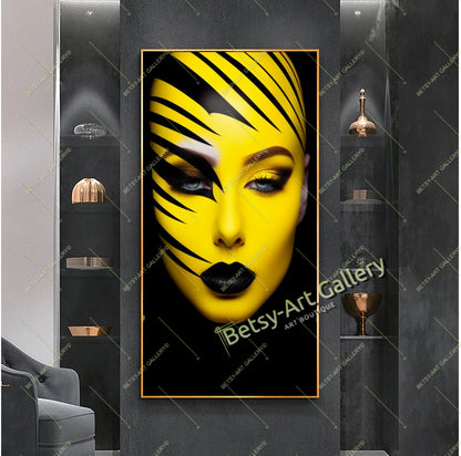 Black Yellow Abstract Woman Face Canvas Print, Modern Fashion Wall Art