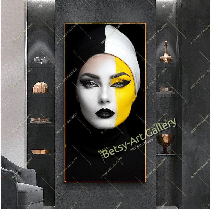 Black Yellow Abstract Woman Face Canvas Print, Modern Fashion Wall Art