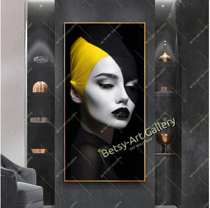 Black Yellow Abstract Woman Face Canvas Print, Modern Fashion Wall Art