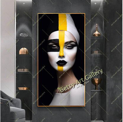 Black Yellow Abstract Woman Face Canvas Print, Modern Fashion Wall Art