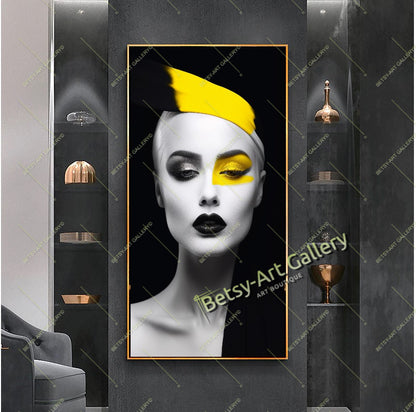Black Yellow Abstract Woman Face Canvas Print, Modern Fashion Wall Art