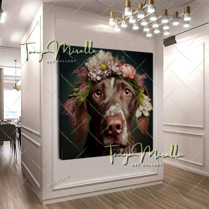 Floral Dog Canvas Print –  Modern Animal Wall Art
