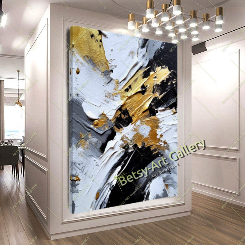 Gold Black White Abstract Canvas Print, Elegant Home Decor