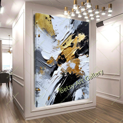 Gold Black White Abstract Canvas Print, Elegant Home Decor