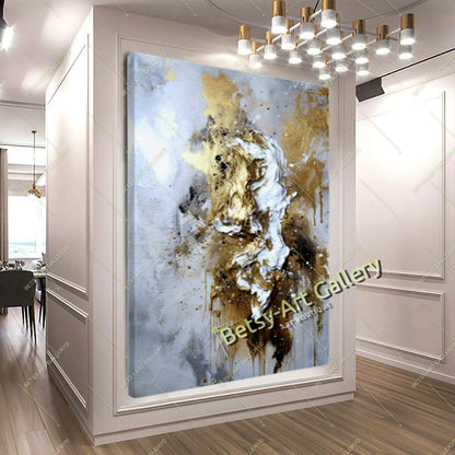 Gold Black White Abstract Canvas Print, Elegant Home Decor