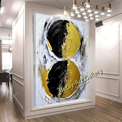 Gold Black White Abstract Canvas Print, Elegant Home Decor