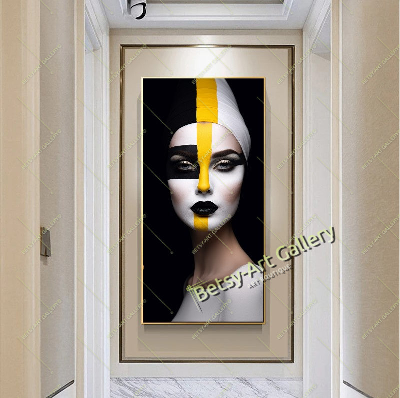 Black Yellow Abstract Woman Face Canvas Print, Modern Fashion Wall Art