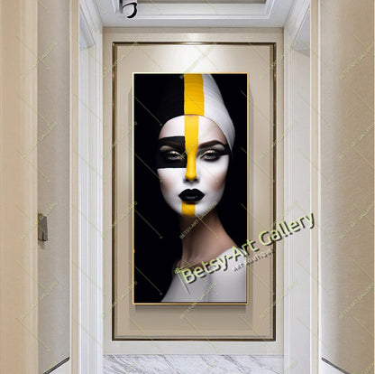 Black Yellow Abstract Woman Face Canvas Print, Modern Fashion Wall Art