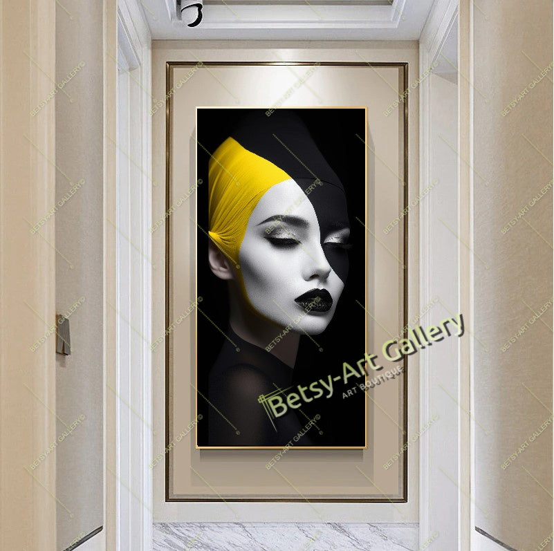 Black Yellow Abstract Woman Face Canvas Print, Modern Fashion Wall Art
