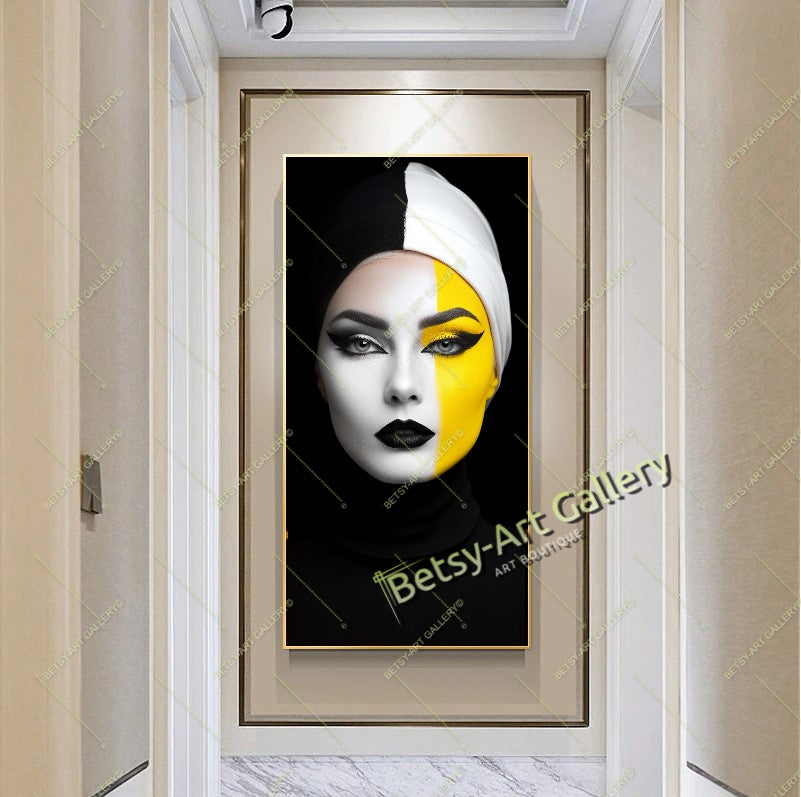 Black Yellow Abstract Woman Face Canvas Print, Modern Fashion Wall Art