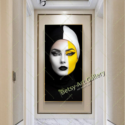 Black Yellow Abstract Woman Face Canvas Print, Modern Fashion Wall Art