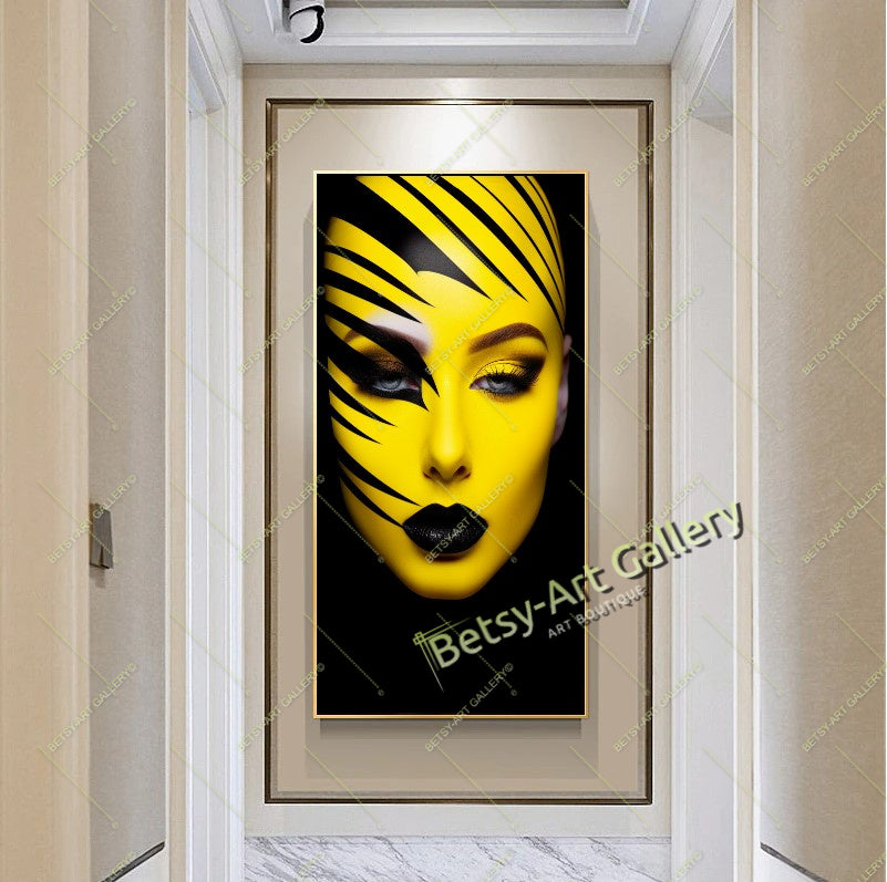 Black Yellow Abstract Woman Face Canvas Print, Modern Fashion Wall Art