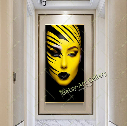Black Yellow Abstract Woman Face Canvas Print, Modern Fashion Wall Art