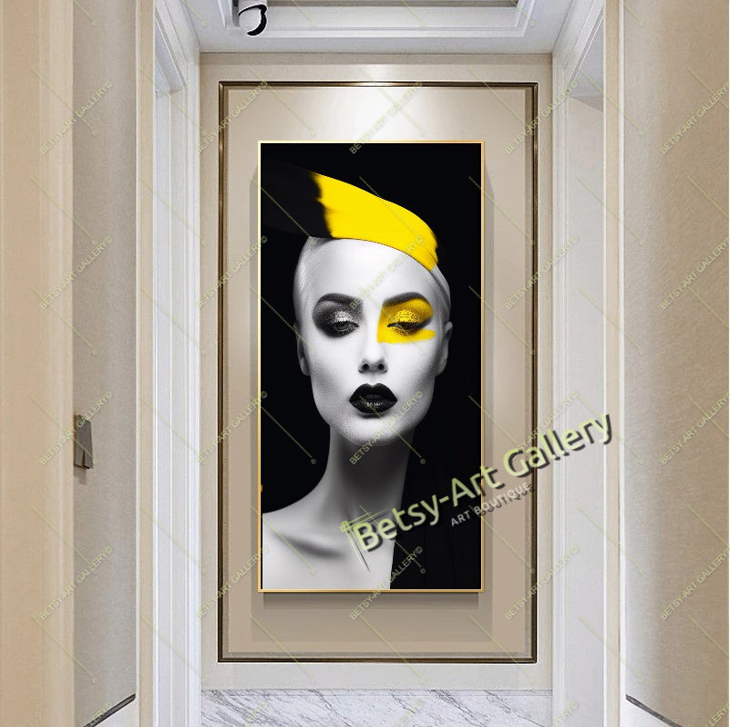 Black Yellow Abstract Woman Face Canvas Print, Modern Fashion Wall Art
