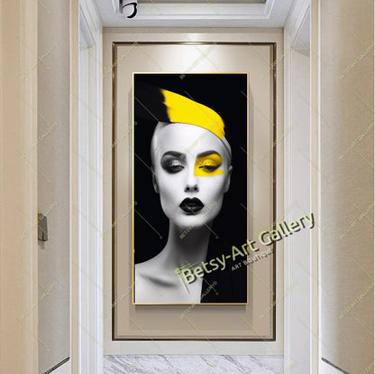 Black Yellow Abstract Woman Face Canvas Print, Modern Fashion Wall Art