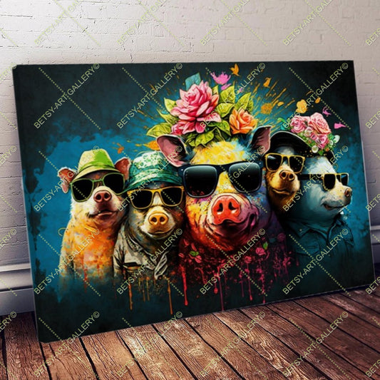 Colorful Floral Family Pigs Canvas - Bright Animal Wall Art Print