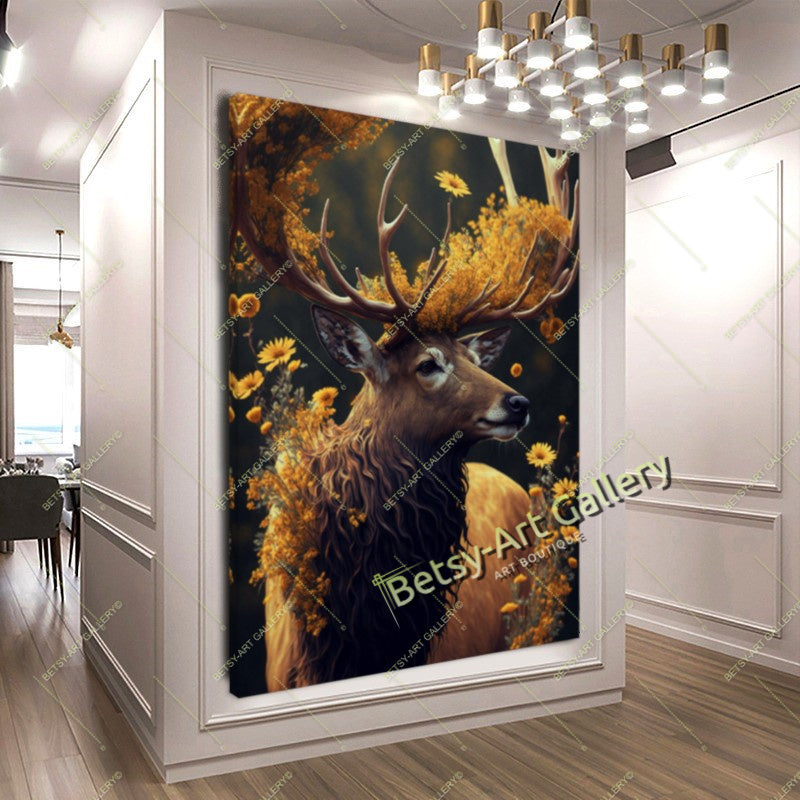 Green Deer Canvas Print, Forest Animal Wall Art