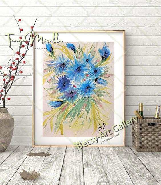 Original Watercolor Cornflowers Painting, Botanical Wall Art No Frame abstract expressionism art print birthday gift blooming garden art botanical print colorful painting floral art floral painting garden painting gift for mom mediterranean art modern art modern wall art nature painting paper painting small painting wall art home decor watercolor floral watercolor flowers watercolor landscape watercolor painting