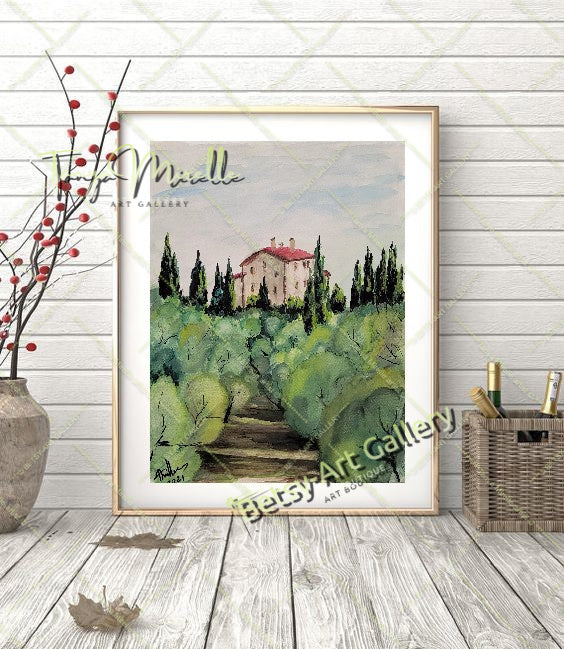 Original Watercolor Painting Olive Garden Wall Art, No Frame abstract expressionism art print birthday gift blooming garden art botanical print garden painting gift for mom mediterranean art modern art modern wall art nature painting olive garder art paper painting small painting wall art home decor watercolor landscape watercolor painting