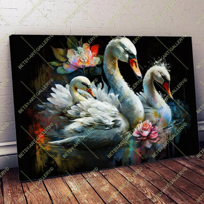 Colorful Floral Family Swans - Bright Animal Wall Art Print