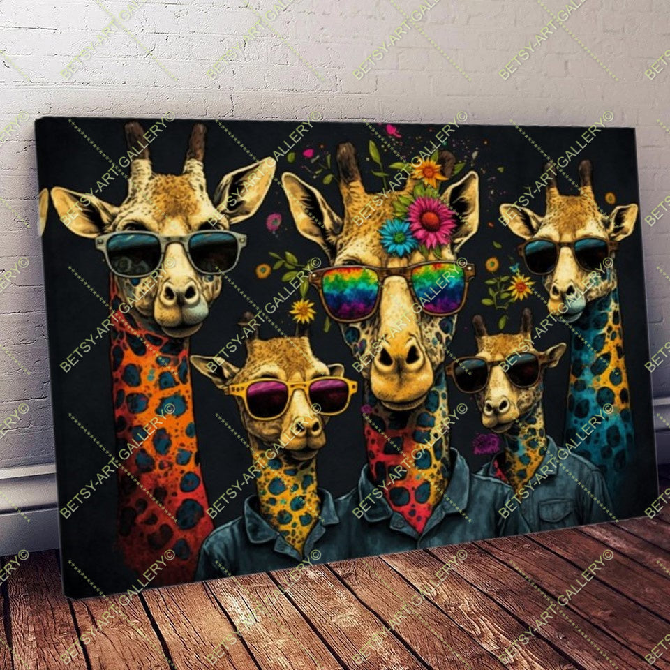 Floral Family Giraffes Canvas - Graffiti Style Animal Wall Print