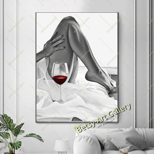 Woman Legs with Wine Canvas Print, Elegant Feminine Wall Art
