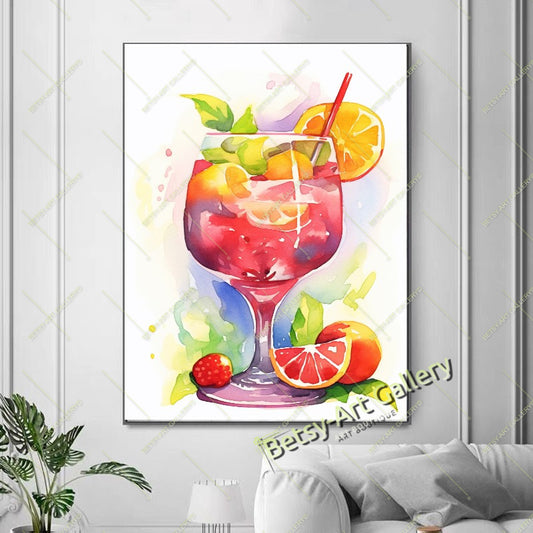 Watercolor Cocktail Glass Canvas Print, Colorful Drink Art