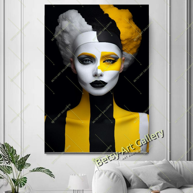 Black Yellow Woman Abstract Face Fashion Canvas Print A art gift boho decor bold character design bold wall print canvas print canvas wall art contemporary artwork giclée prints large canvas print large wall art modern art print modern room decor modern wall art original pop culture art pop art canvas print print on canvas statement piece stretched canvas art unique wall art vibrant home decor wall art prints