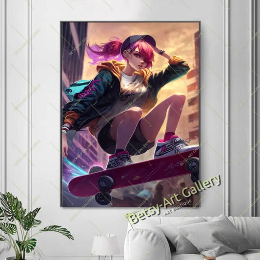Japan Anime Girl DJ Skating Canvas Print - Modern Anime Girl Wall Art