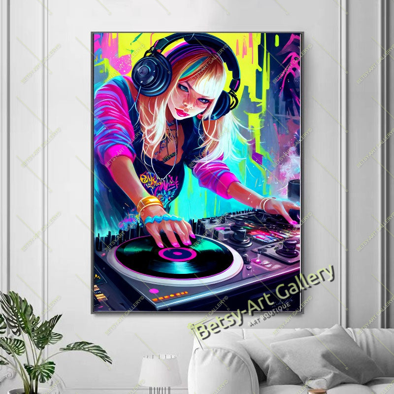 Neon DJ Girl Wall Art - Modern Otaku Room Decor