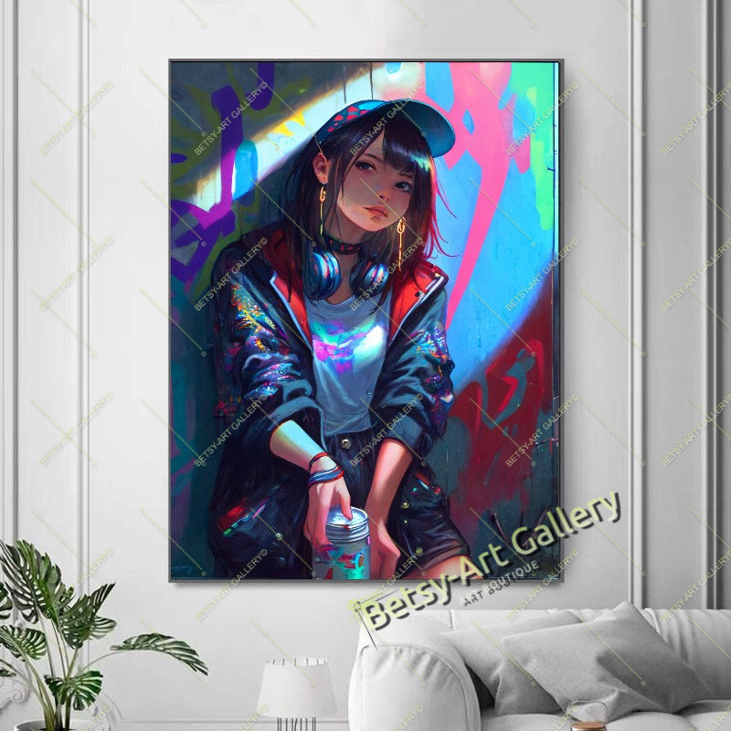 Neon DJ Girl Wall Art - Modern Otaku Room Decor