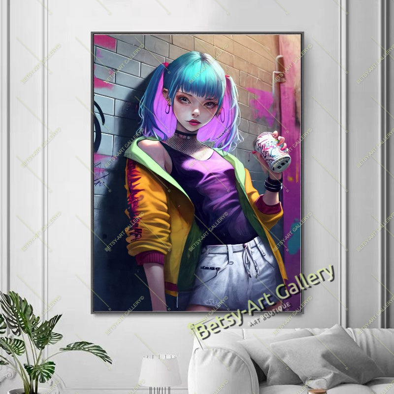 Neon DJ Girl Wall Art - Modern Otaku Room Decor