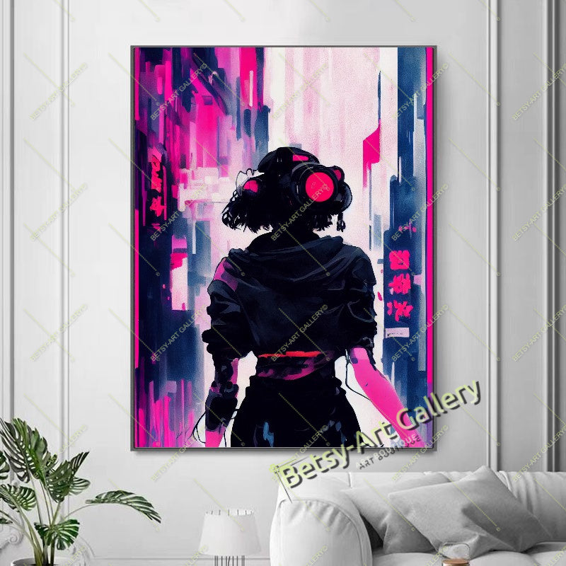 Neon DJ Girl Wall Art - Modern Otaku Room Decor