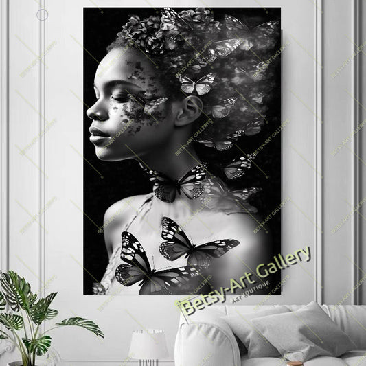Black White Woman with Butterfly on Head Canvas Print