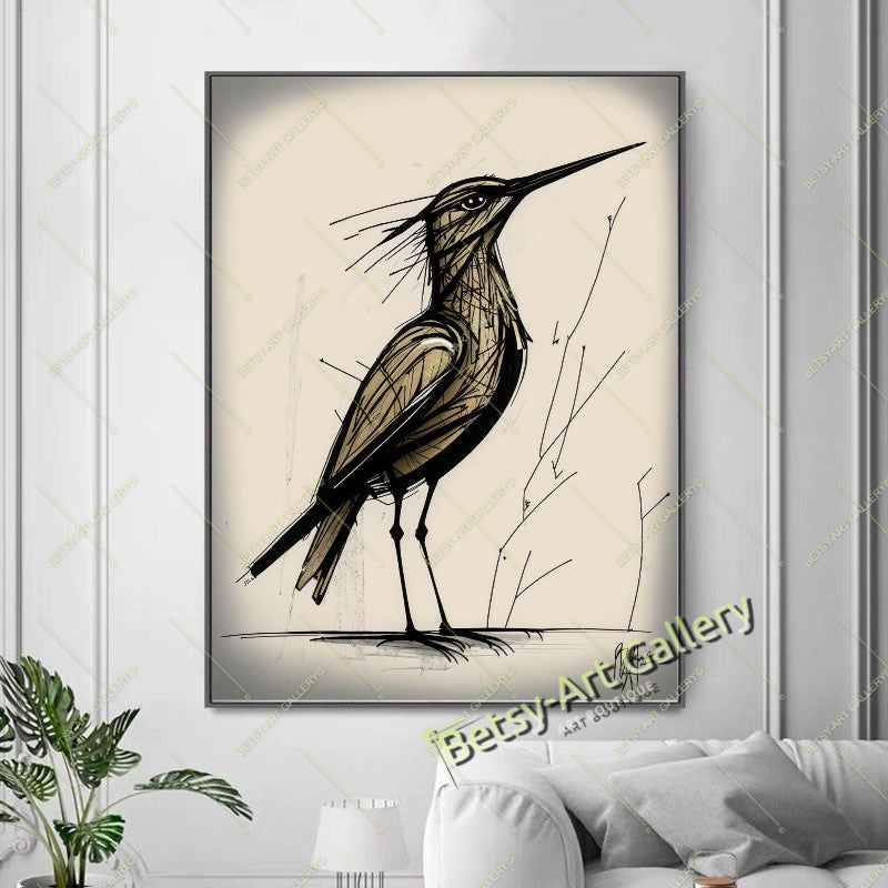 Pencil Bird Drawing Canvas Print, Minimalist Bird Sketch Art