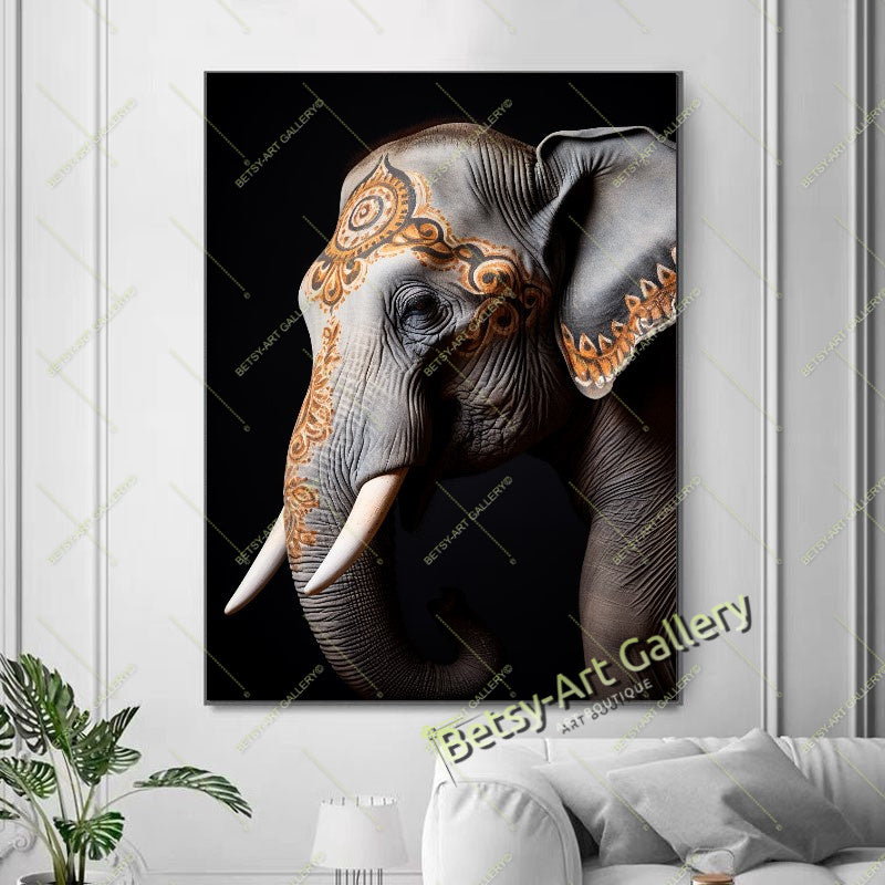 Tattooed Elephant Canvas Print, Bohemian Wall Art Decor