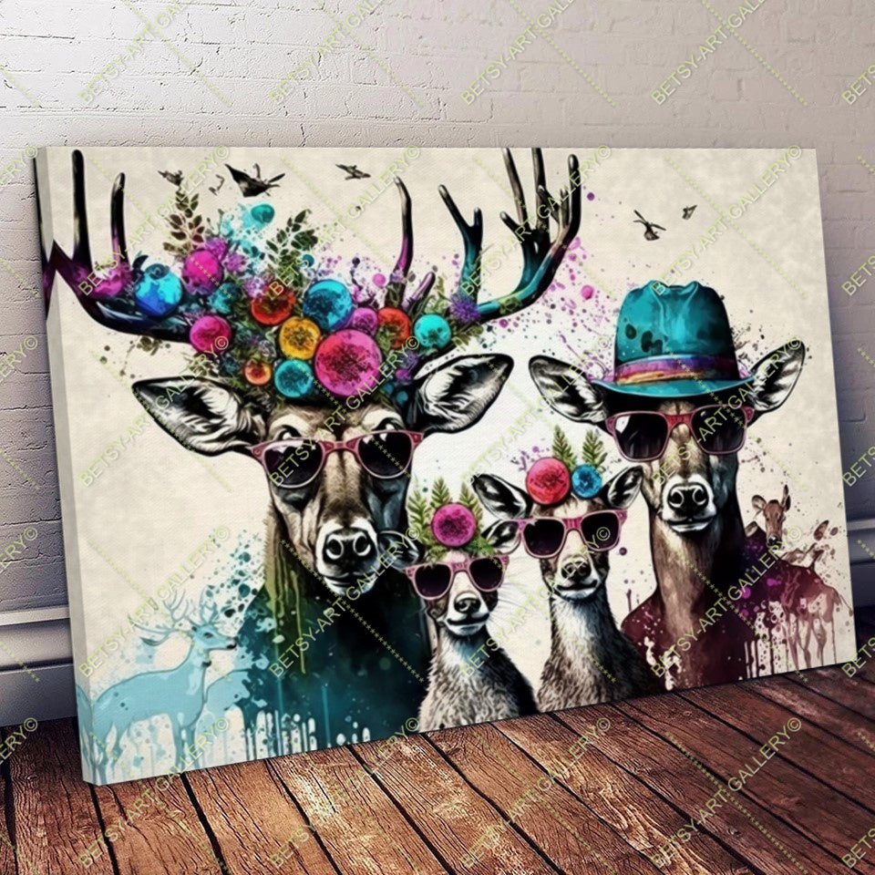Colorful Floral Portrait Family Deers Canvas Print
