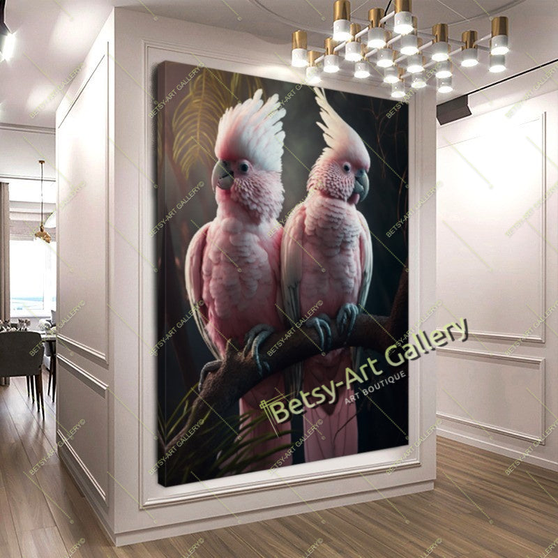 Jungle Exotic Birds Canvas Print, Tropical Parrots Wall Art – Large – Oil on Canvas – {{ product.title }} canvas artwork by Tanya Mirelle – modern wall decor – original artwork for home, living room, office, or gallery – original artwork by Tanya Mirelle Art Gallery