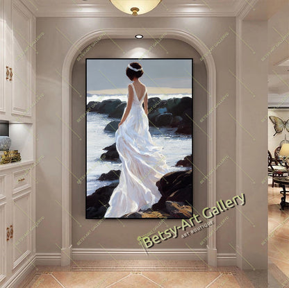 Elegant Lady at the Ocean Wall Art - Romantic Beach Scene Canvas Print